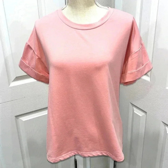 Ekouer substantial thick pink rolled sleeve tee.  Great spring/summer color NWOT - Picture 1 of 7